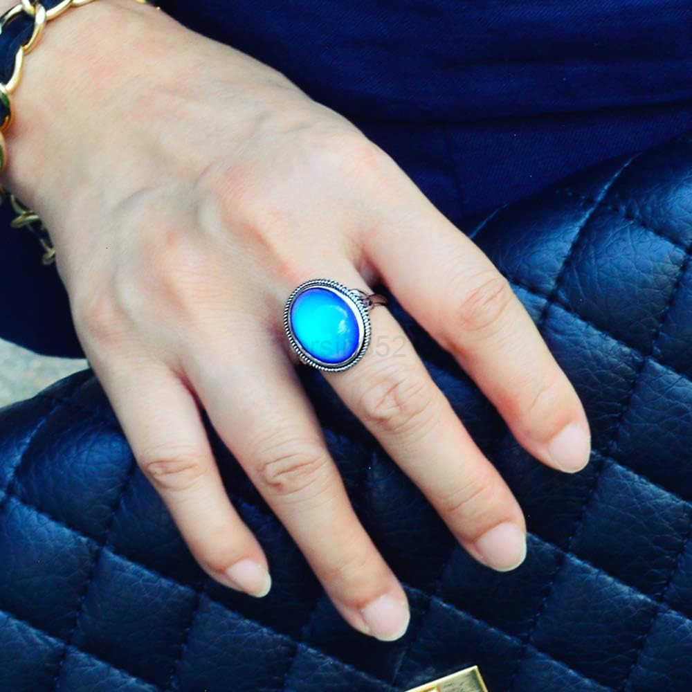 Style Antique Silver Plating Brass Oval Stone Color Change Mood Ring Size AdjustableW250908