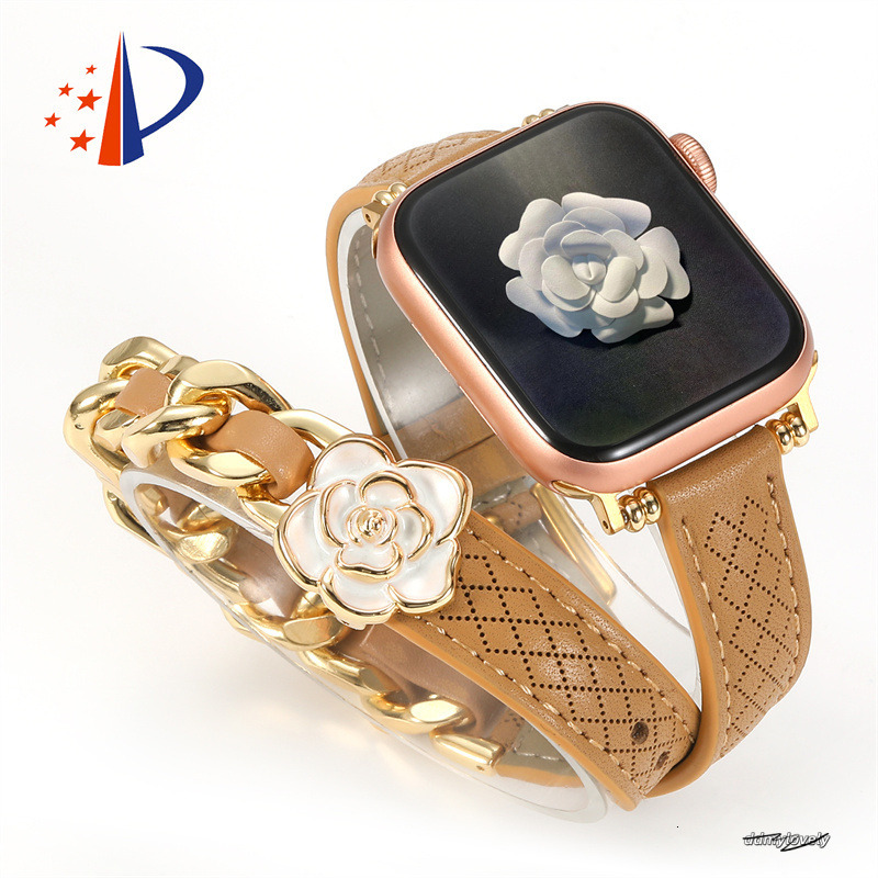Designer Camellia Flower Genuine Leather Apple Watch Straps For Applewatch 49Mm 46Mm 45Mm 44Mm 42Mm 41Mm Fashion Watchband Iwatch Series 10 9 8 7 6 5 