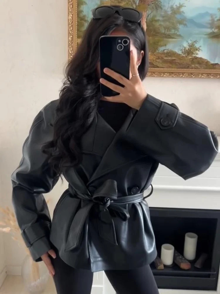 Street Womens Cropped Leather Jackets With Belt Lapel Double Breasted Pockets Long Sleeve Coat Autumn Lady Vintage Outwear 250907