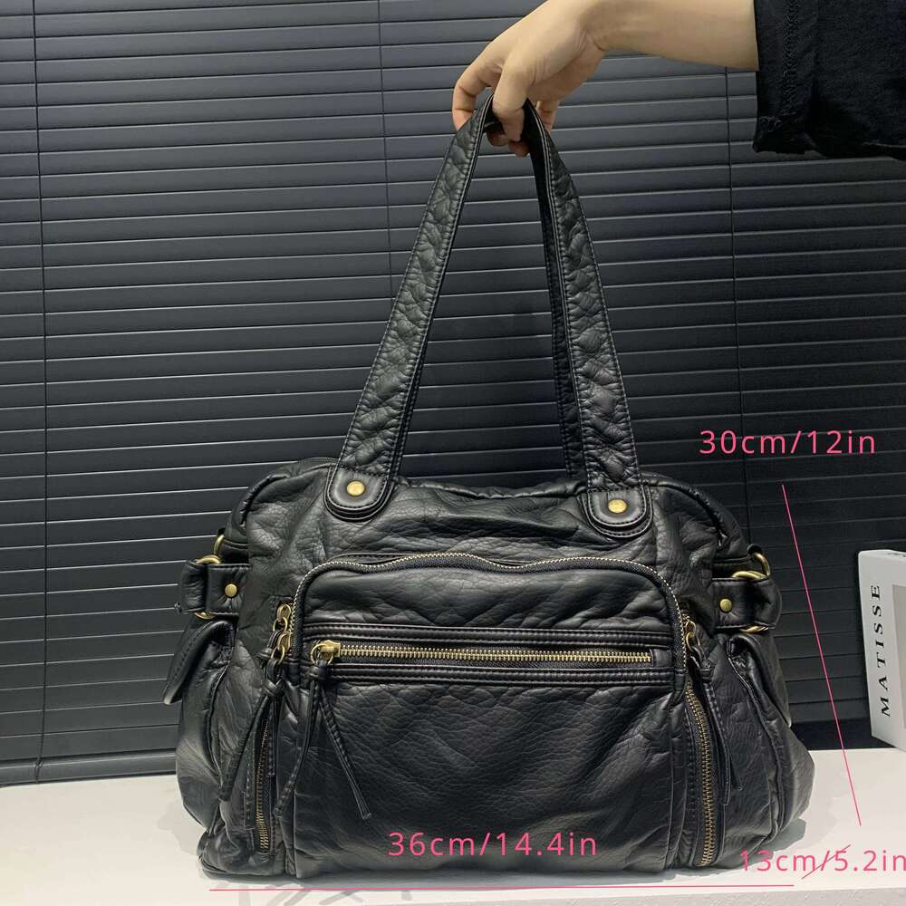 Women's Fashion Retro Tote Soft PU Leather Large Capacity Shoulder Bag Y2k Punk Multi Pocket Crossbody Handbag