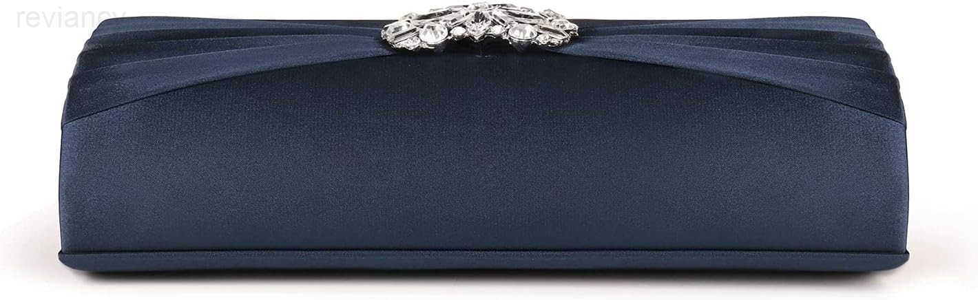 Evening Bags For Women Pleated Satin Rhinestone Brooch Prom Clutch Purse With Detachable Chain Strap Deep Navy BlueW250908
