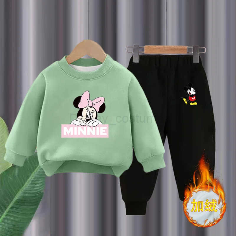 Disney Autumn Winter Childrens Clothing Sets Baby Girls Minnie Mickey Mouse Print Velvet Sweatshirt Pants 2pcs Kids Tracksuits H250908