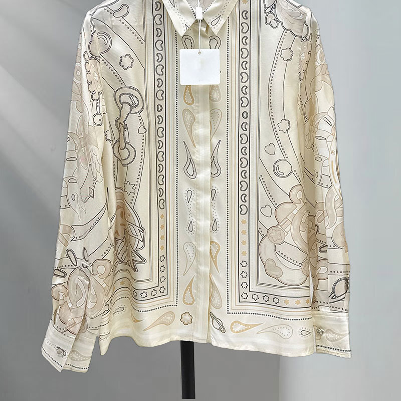 Designer Y2K Fall New Ladies Beige Printed Silk Shirt, Single-Breasted Notch Lapel H-Line Classic Blouse, Luxury Long Sleeve Clothing S0917