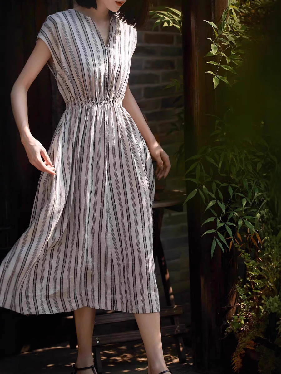G92 Womens Linen Striped Collar - Comfortable Autumn Commuter Versatile Gray Shirt Dress C260311