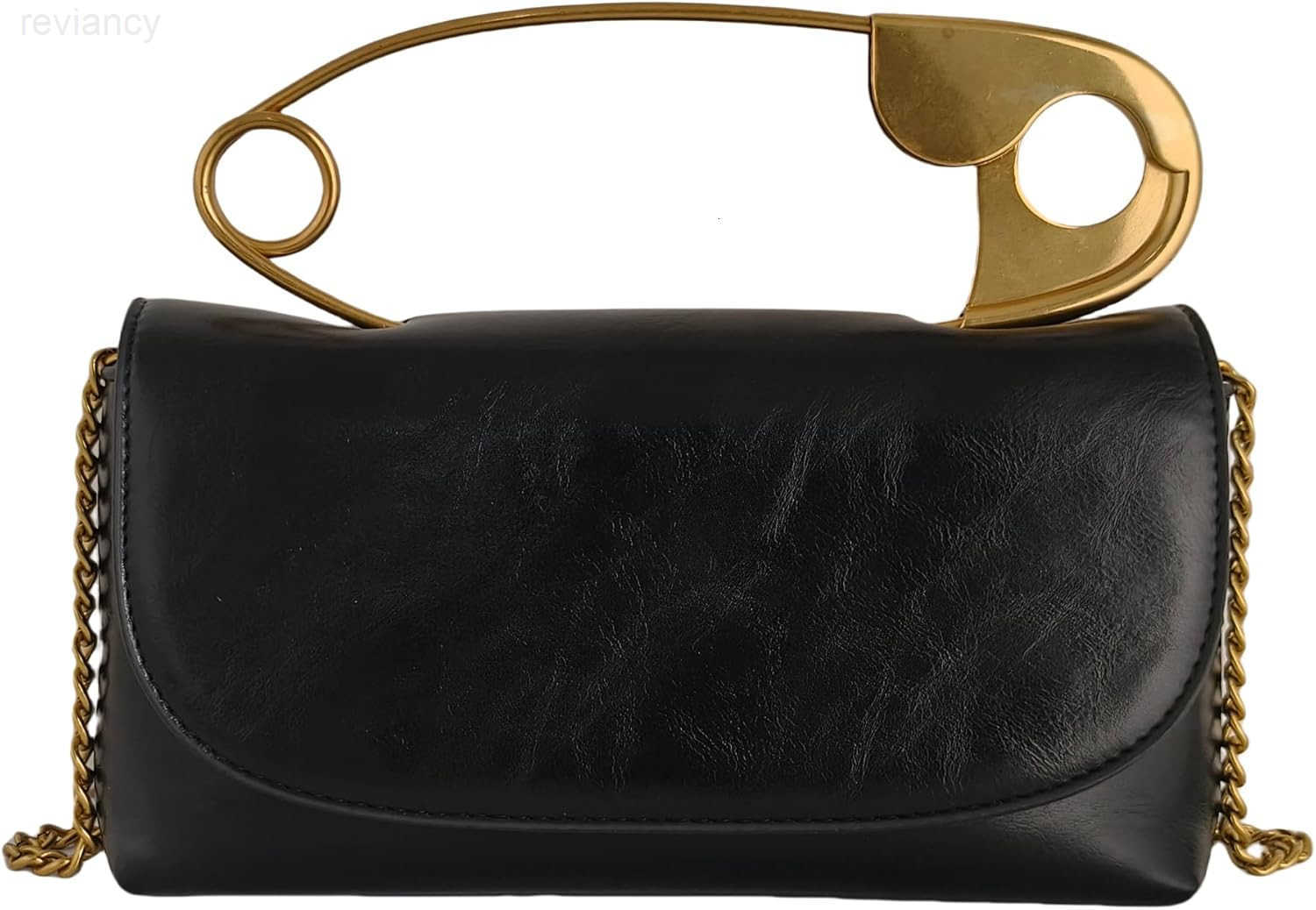 Womens Small Black Soft Pin Shaped Vegan Leather Crossbody Purse Bag with Gold Metallic Handles ChainW250908