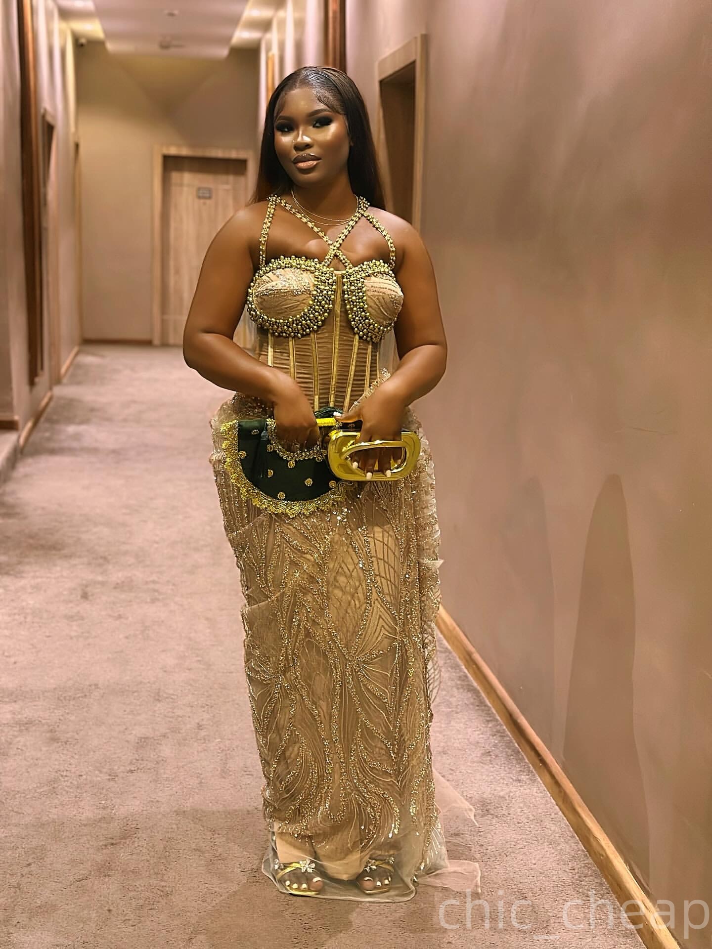 Aso Ebi Champagne Straight Prom Dresses 2025 Spaghetti Beaded Sequined African Evening Formal Party Second Birthday Engagement Dress Gowns robe de mar