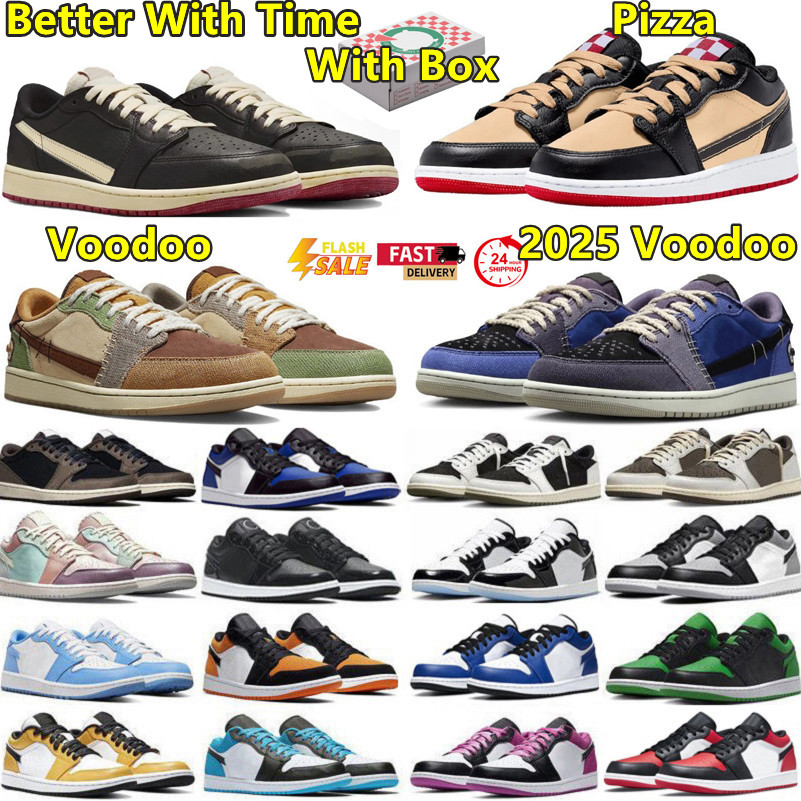 2025 with box 1 low 1s mens basketball shoes Pizza VoodooBetter With Time Shattered Backboard Cactus Jack x Red Shy Pink UNC Blue Royal men women sports sneakers GAI