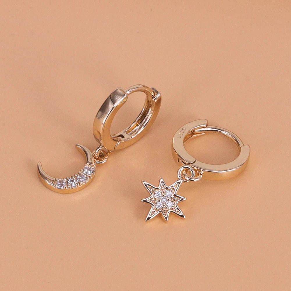 VENTFILLE 925 Sterling Silver CZ Star Moon Asymmetric Hoop Earrings for Women Girls Gold Color Party Jewelry Gifts 250908