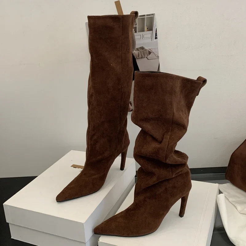 Aneikeh Concise Fashion KneeHigh Women Boots Thin Heels Shoes Female Winter Pointed Toe Long Booties Zapatos De Muje 250908