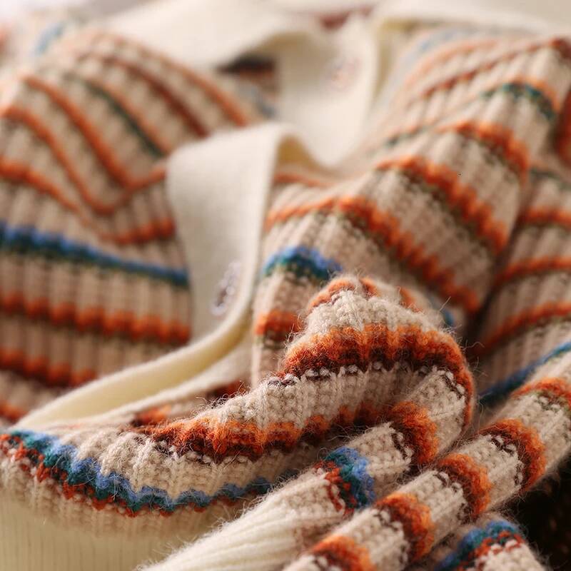 2025 Women's Trendy S design Color Striped Knitted Cardigan Spring and Autumn Short Sweater Fashion Slim Fit Collar Loose Top Autumn and Winter N