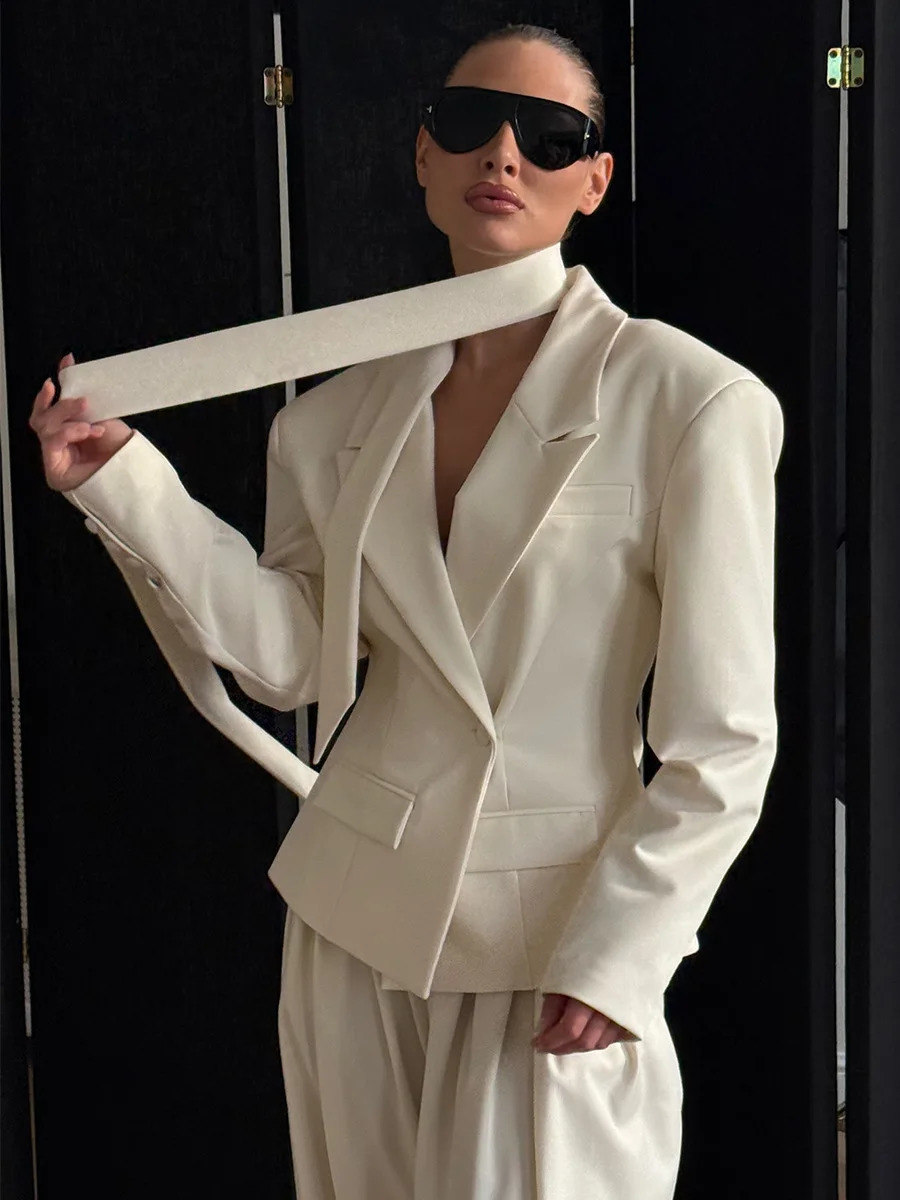 Blubelle Autumn Winter Womens Belted Neckline Tie Blazer Structured Shoulders Short Jacket Elegant Office Commuting Coat 250908