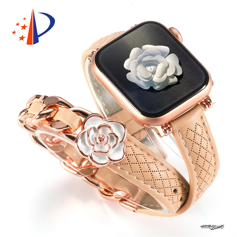 Designer Camellia Flower Genuine Leather Apple Watch Straps For Applewatch 49Mm 46Mm 45Mm 44Mm 42Mm 41Mm Fashion Watchband Iwatch Series 10 9 8 7 6 5 