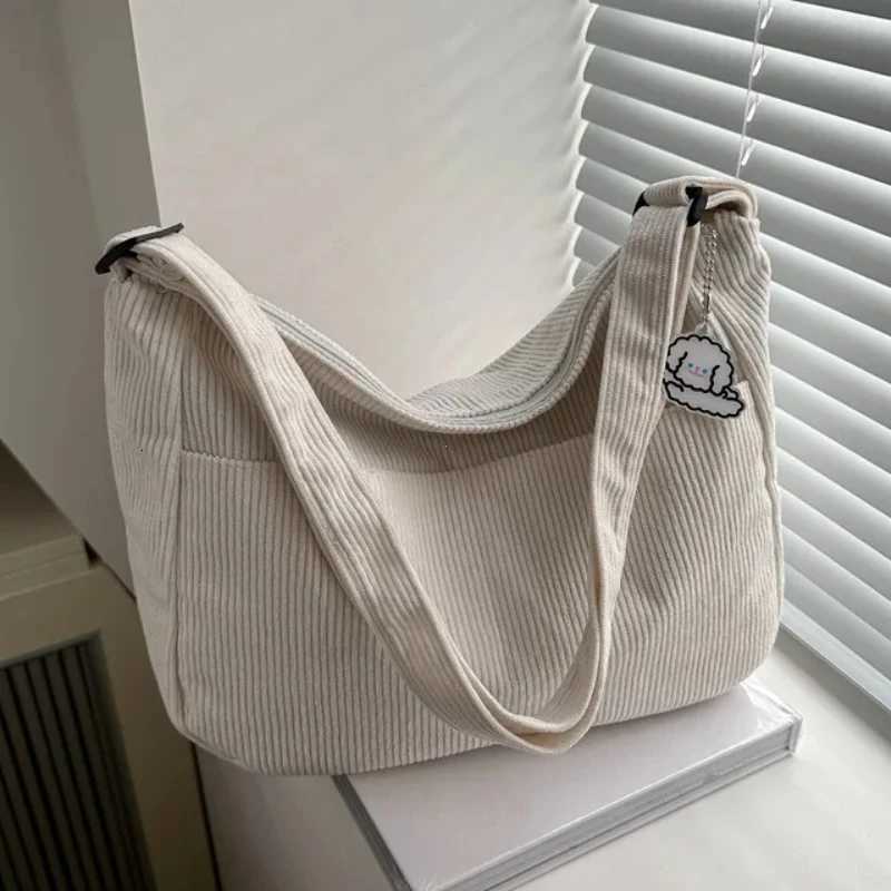 Womens Corduroy Shoulder Bag Casual Striped Large Capacity Tote with Zipper Closure Cute Hat Patch Perfect for Everyday Use R250908