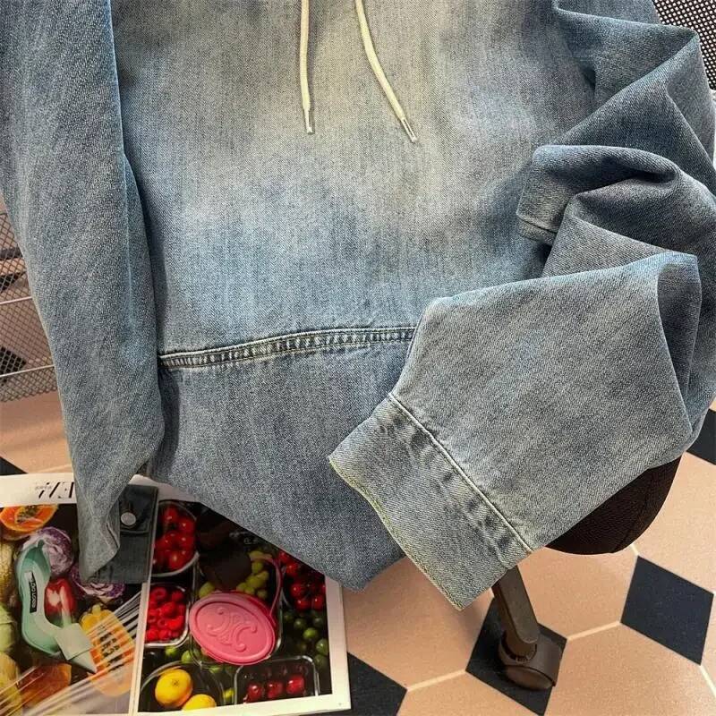 2025 vintage denim hooded sweater design men's loose washed jacket high street fashion pullover autumn and winter new designer clothing