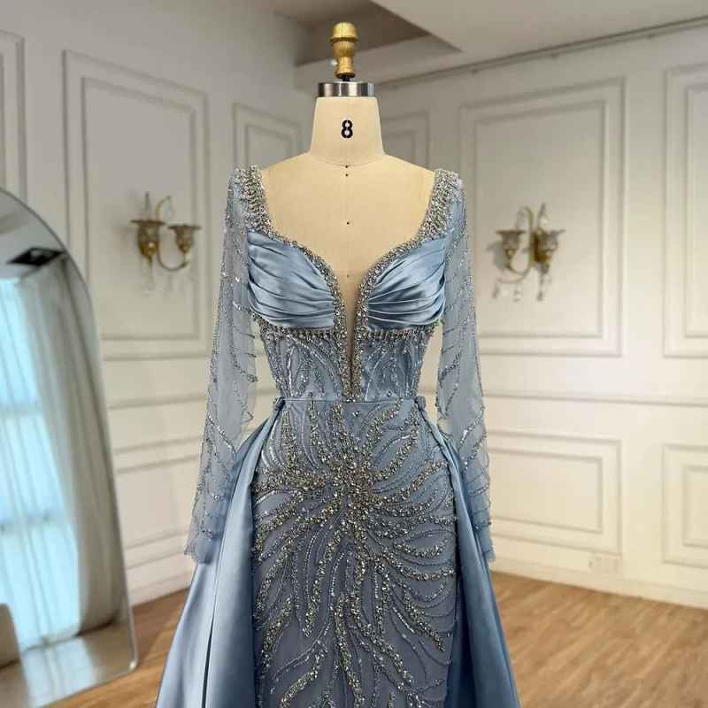 Luxury Designer Blue Beaded Evening Prom Dress with Long Sleeves Gown for Women Party Customized Serene Hill