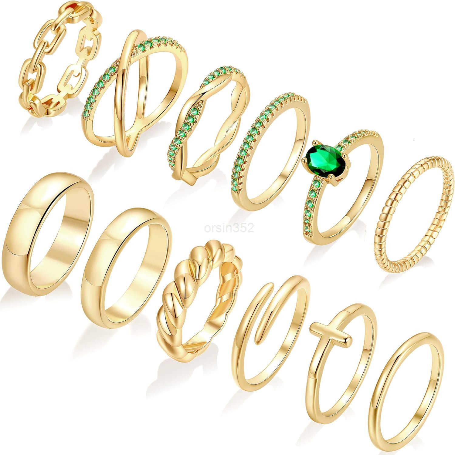 12 PCS Dainty 14K Gold Rings for Women Eternity Open Chunky Twist Simulated Diamond Criss Cross Designs Non Tarnish Gold Plated Stacking Thumb Ring Pe