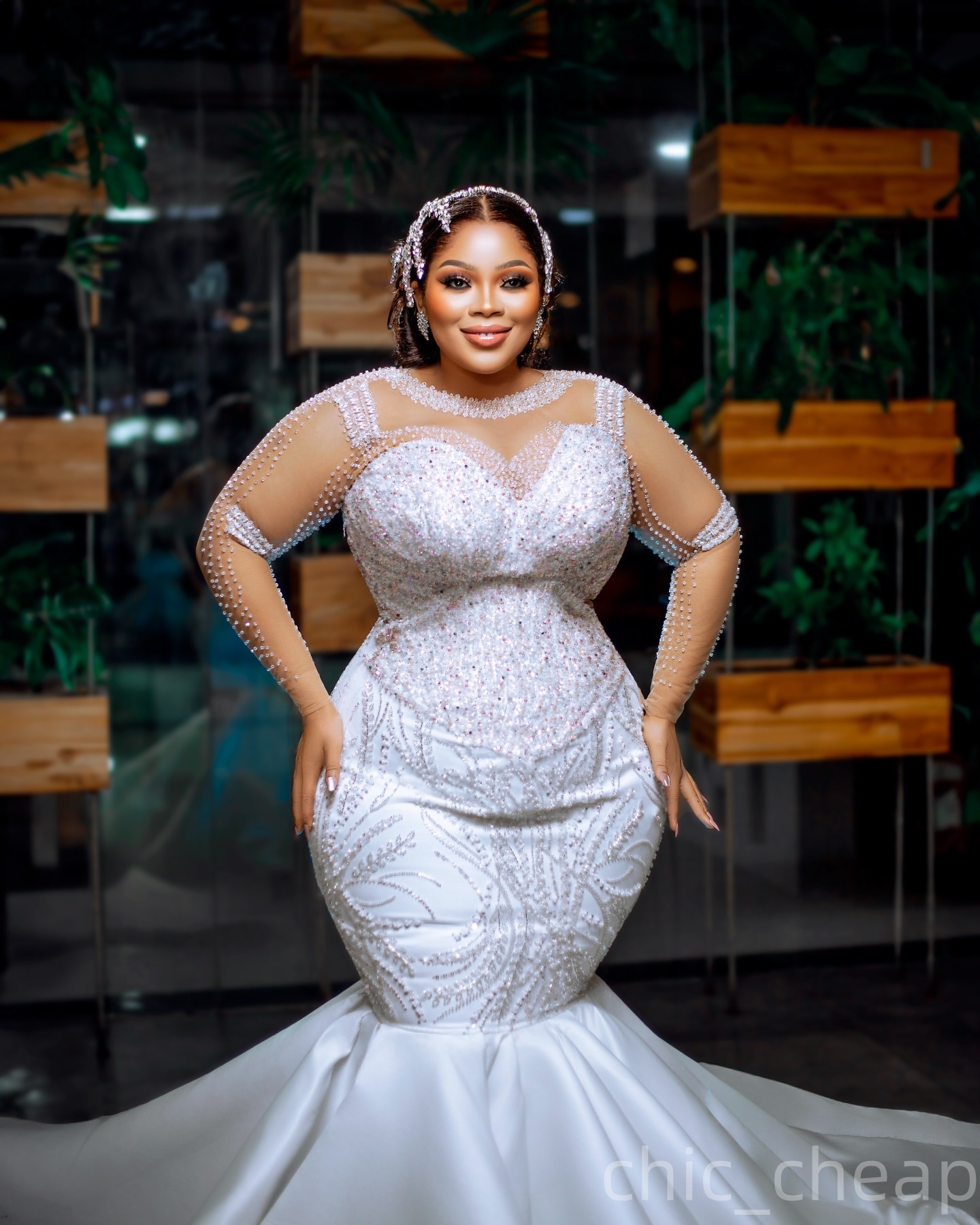 2025 Aso Ebi Plus Size Ivory Mermaid Wedding Dress Full Sleeves Beaded Sheer Neck Sequined Lace Satin Luxurious Bridal Gowns Dresses ZJ0455