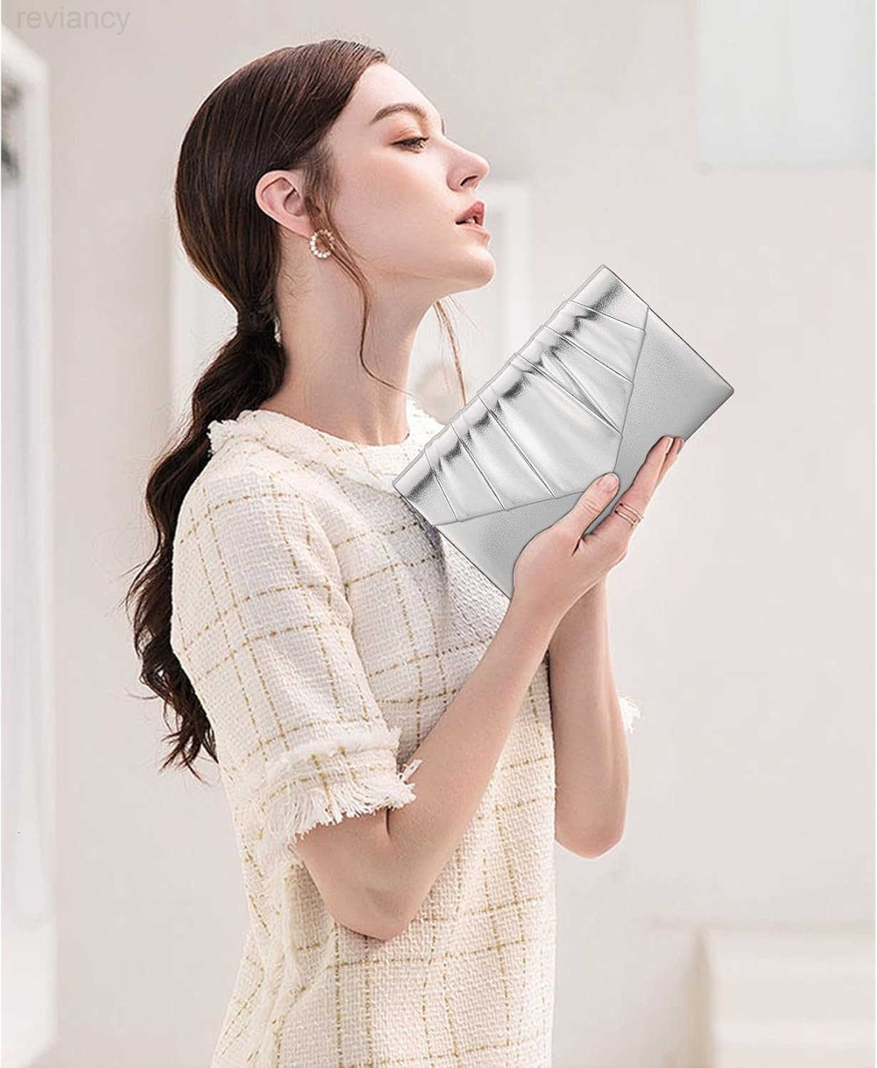 Women Evening Clutch Purse Shimmering Metallic PU Leather Pleated Flap Envelope Handbag for Wedding Prom PartyW250908
