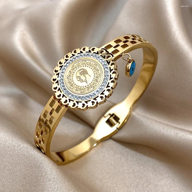 Bangle Freetry Exquisite Sparkling Rhinestone Stainless Steel Bangles For Women Portrait Round Coin Open Wide Bracelet Luxury Jewelry