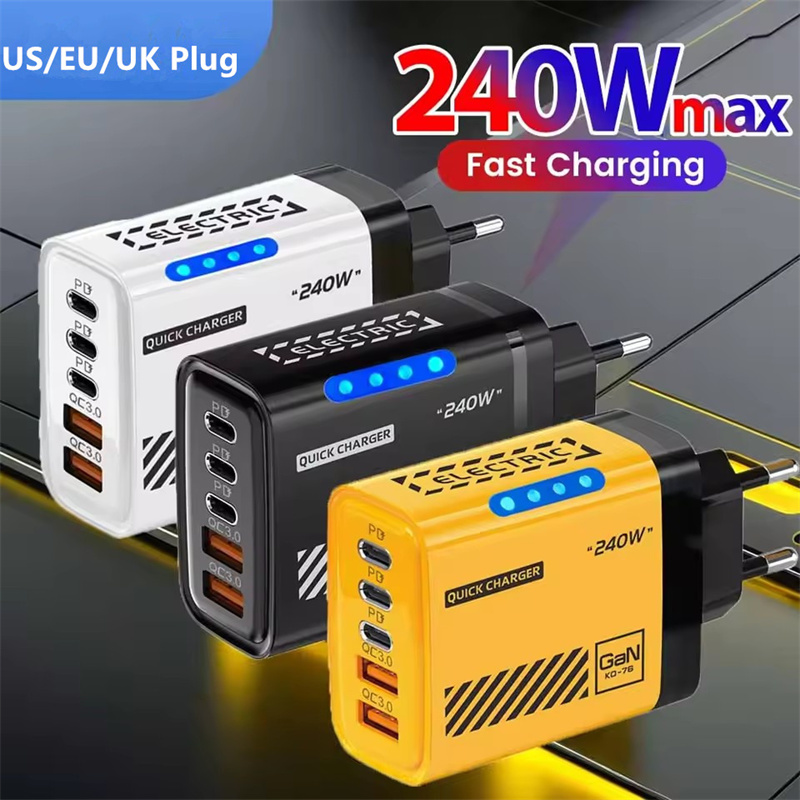 QC3.0 240W USB C Fast Charger Block Quick Charge 5 Ports PD USB Cellphone Charging Travel Wall Charger Power Adapter For iphone 16 15 14 13 Samsung S25 S24 S23 S22