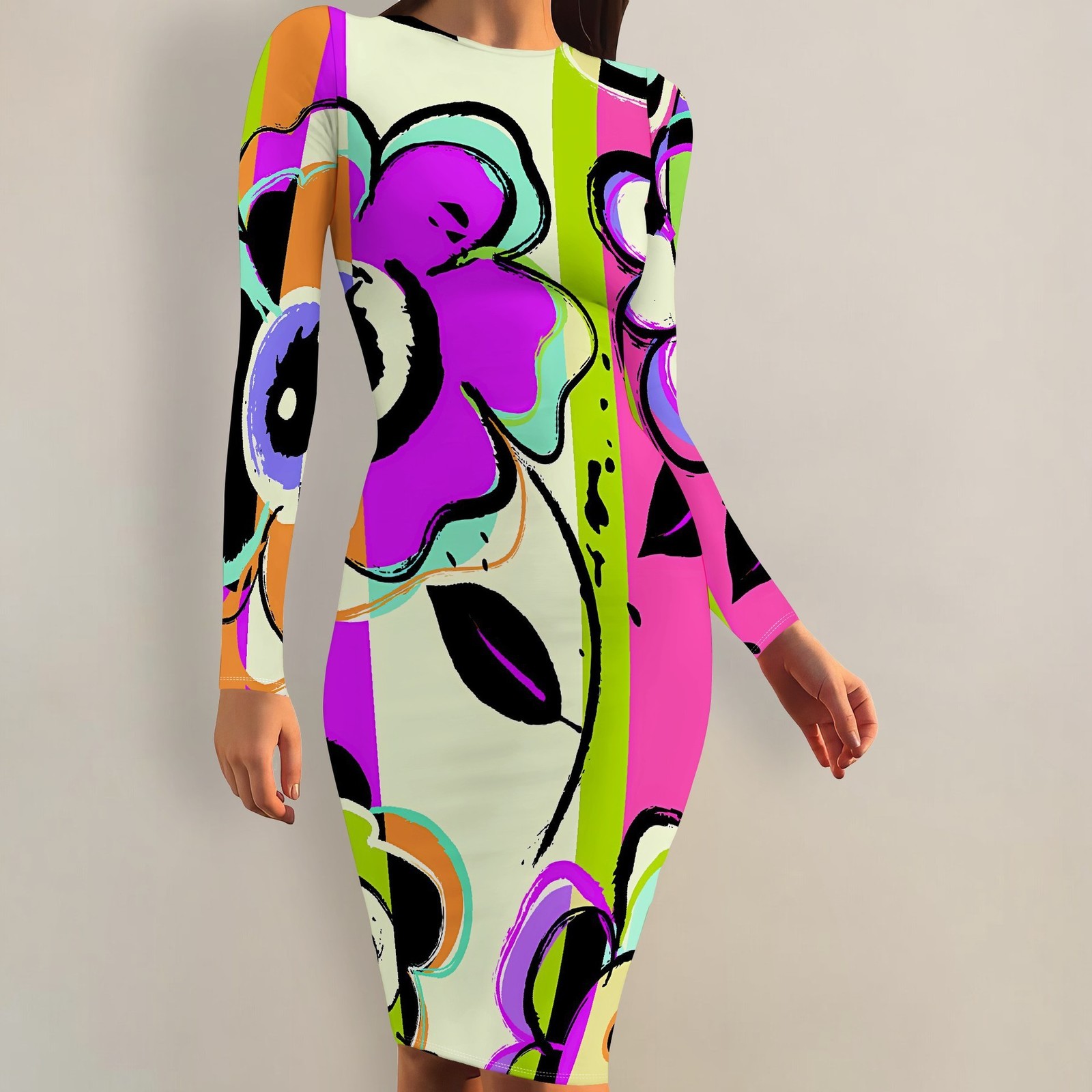 Hotselling Womens Fashionable Commuting Casual Printed Longsleeve Round Neck Midlength Dress 210806