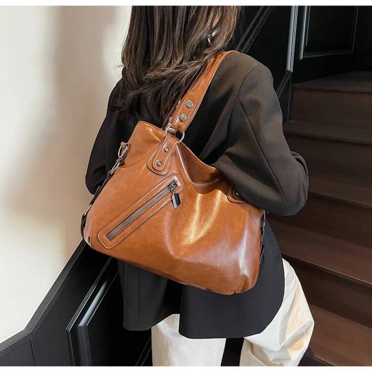 2025 new collection Fashionable retro zipper solid color women's shoulder bag, large capacity commuting women's crossbody bag, autumn new de