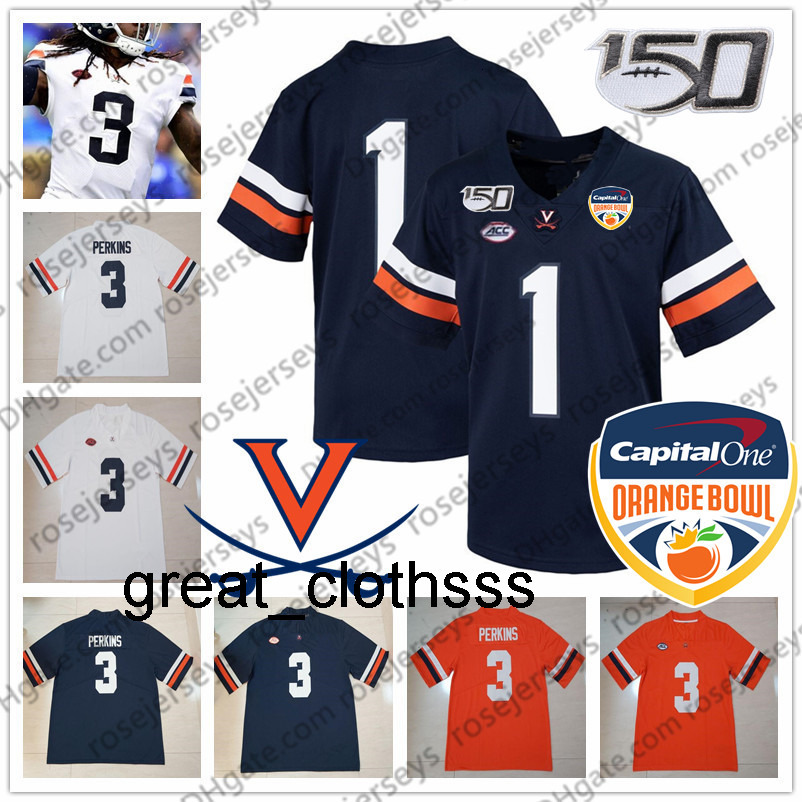 Custom Virginia Cavaliers College Football 150TH Orange Bowl Navy Blue White 3 Bryce Perkins 2 Joe Reed Men Youth kid UVA 2020 Jersey