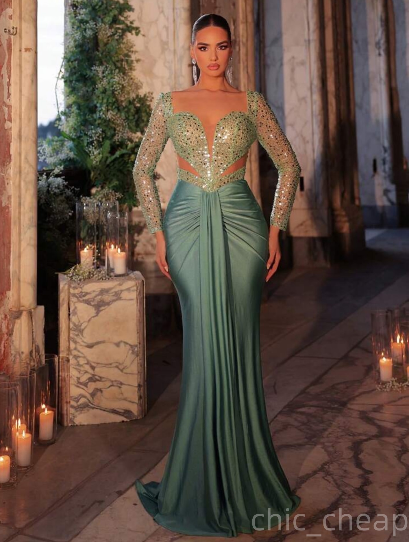Aso Ebi Sage Mermaid Prom Dresses 2025 Sequined Satin Full Sleeves Simple African Evening Formal Party Second Birthday Engagement Dress Gowns robe de 