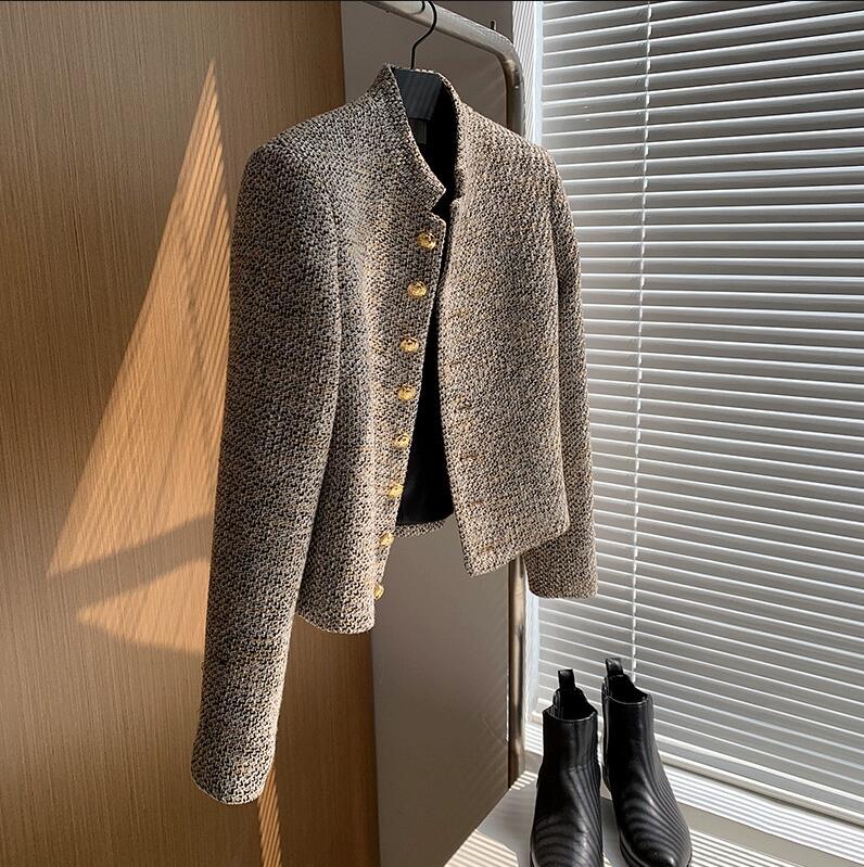 Vintage Cropped Tweed Jacket Women Elegant Short Blazer Autumn Korean Single-Breasted All Match Casual Chic Outerwear Tops 241010