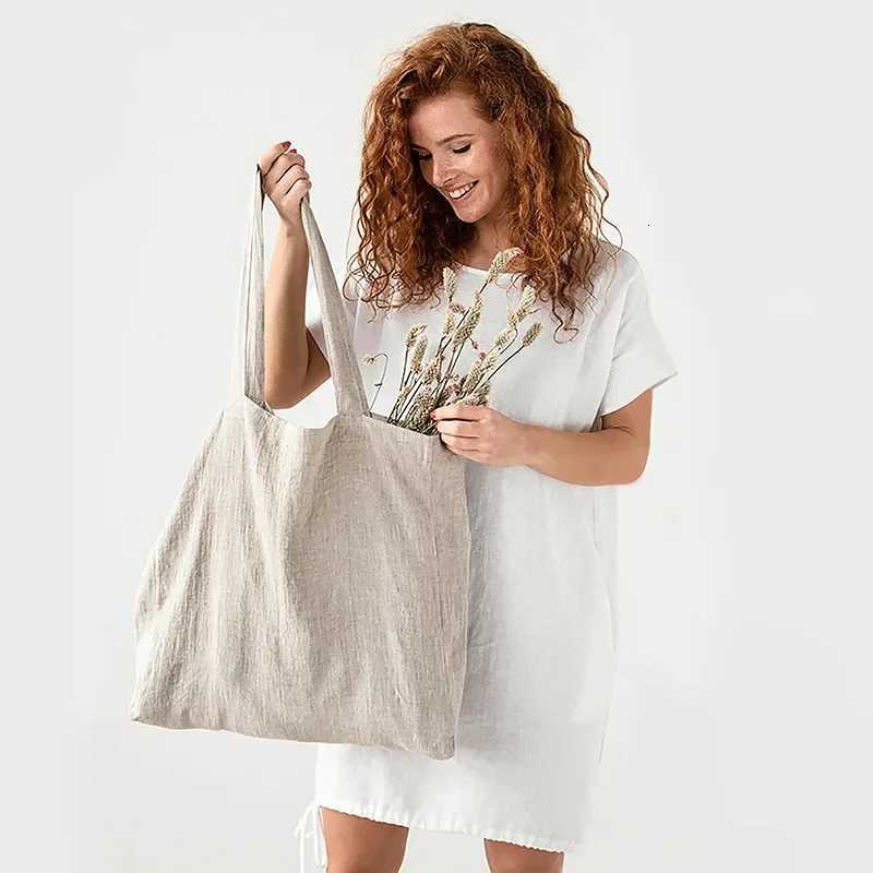 French Dew Retting Linen 100 Pure Hemp Supermarket Environmental Cloth Bag Carrier Foldable Portable Shopping Bag Women R250908