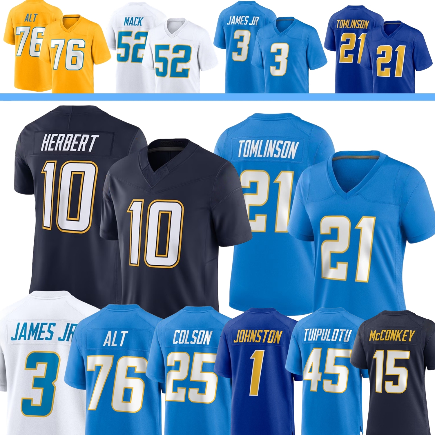 Custom Football Jersey Justin Herbert Keenan Allen LaDainian Tomlinson Derwin James Jr Najee Harris Khalil Mack Tuipulotu Ladd McConkey Colson Alt Johnston