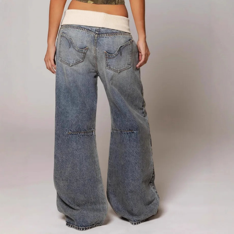 Womens Hip Hop Splice Fashion Basics Retro Jeans Simple Dressing Up Daily Necessary Wide Leg Pants Baggy Cargo Pants 250908