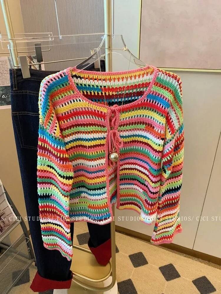 2025 Rainbow Stripe design Woven Cardigan Lace Design Knitted Coat Women's Trendy Aging Sweet Top New Designer Clothing