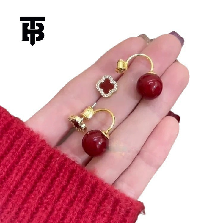 TB BHULAMTE Red Festive Pearl Pendant Earrings Designer Festive Atmosphere Accessories Niche Luxury Women's Hot Selling Jewelry Four Leaf Ear Cli - view 5