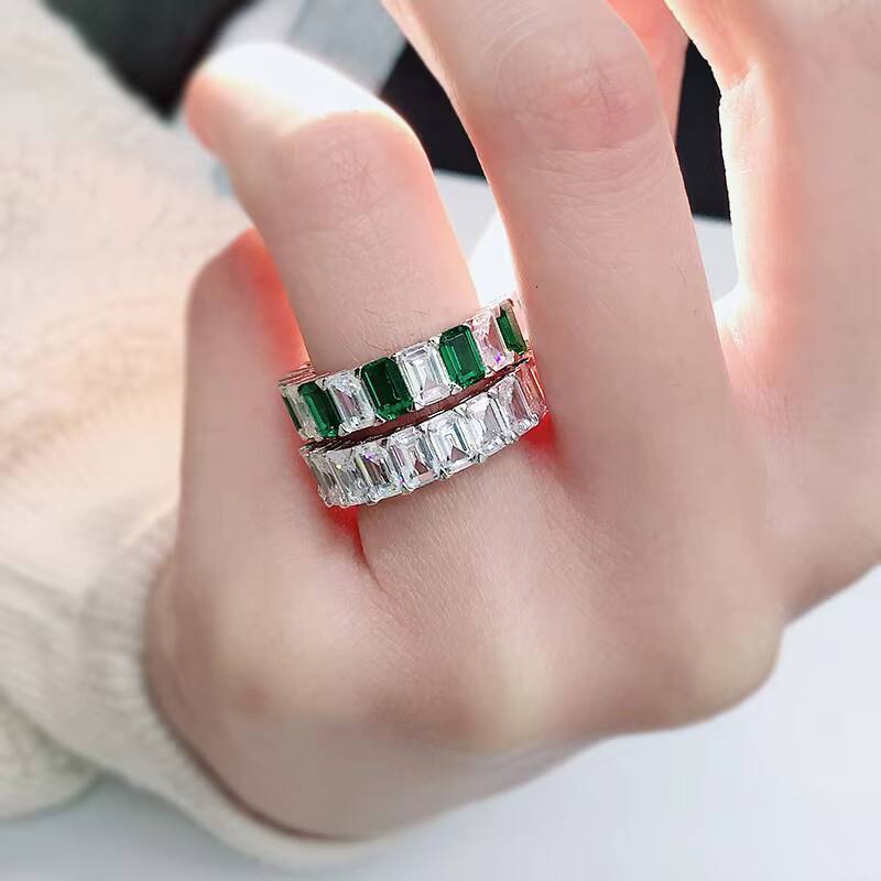 Fashionable Emerald Cut Rectangular Zircons S925 Silver Diamond Ring for Women