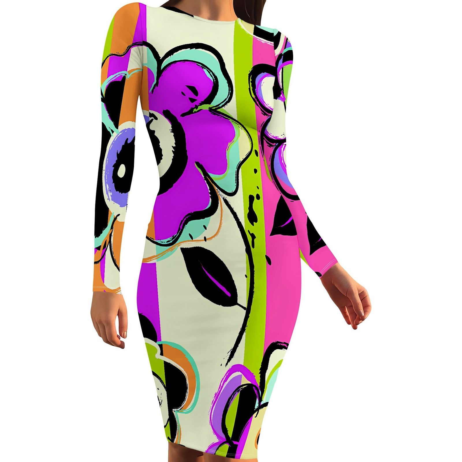 Hotselling Womens Fashionable Commuting Casual Printed Longsleeve Round Neck Midlength Dress 210806