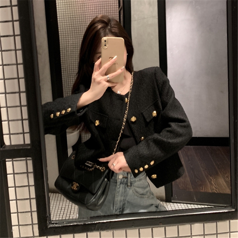 Women's Jackets Vintage Black Tweed Jacket Women Spring Autumn Golden Button Wool Coat Wide-waisted Long-sleeve Business