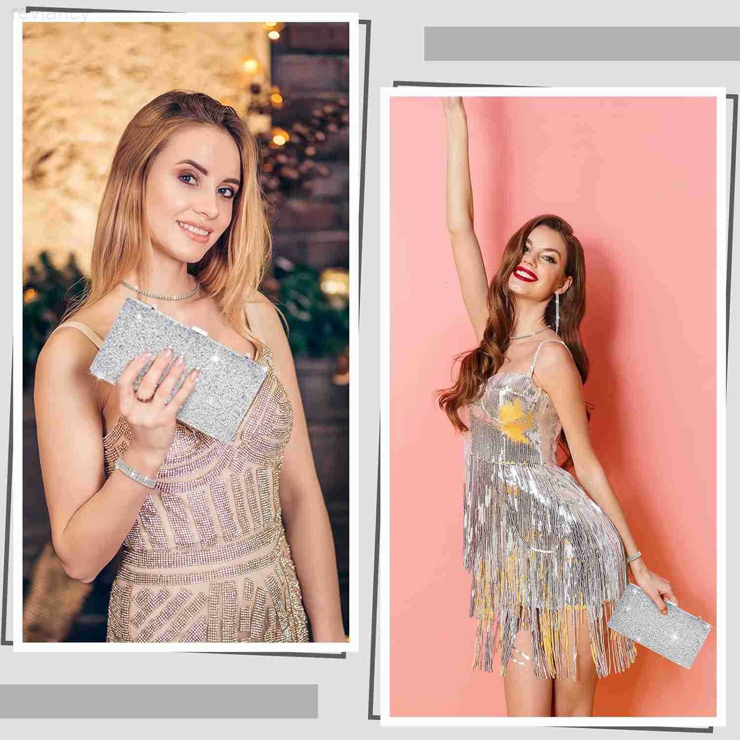 4 Pieces Women Rhinestone Evening Clutch Bag Bling Earring Necklace Bracelet for Wedding FormalW250908