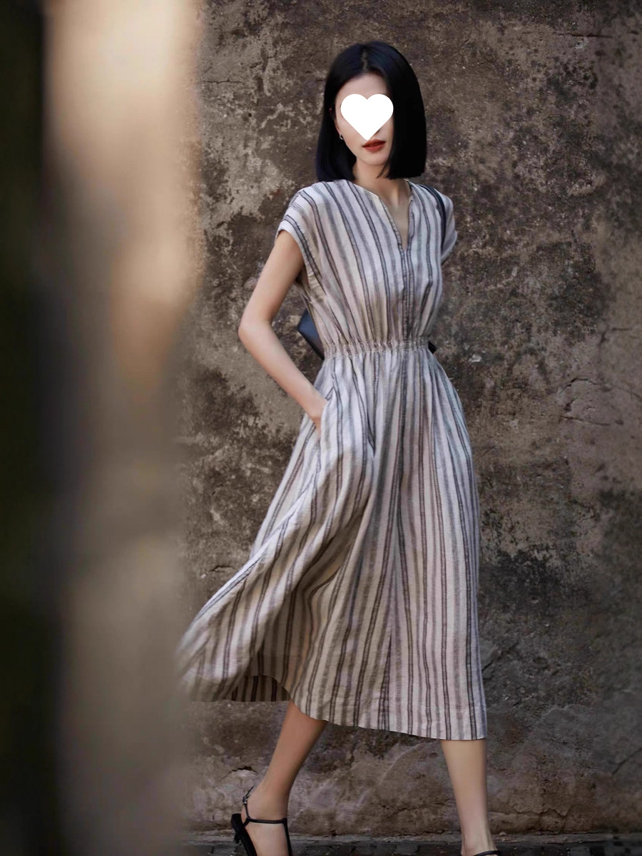 G92 Womens Linen Striped Collar - Comfortable Autumn Commuter Versatile Gray Shirt Dress C260311