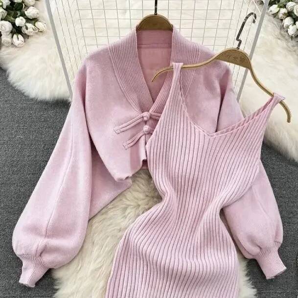 2025 Solid Color Knitted Set with Lace up Cardigan Trendy Women's Sweater Coat Vest Dress Two Piece Set Women's Clothing Autumn/Winter New D