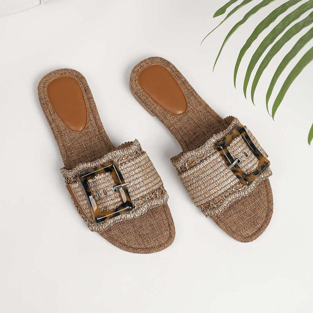 2025 Summer New Round Toe Woven Slip-On Large Size 35-43 Women's Shoes Breathable Casual Flat Sandals