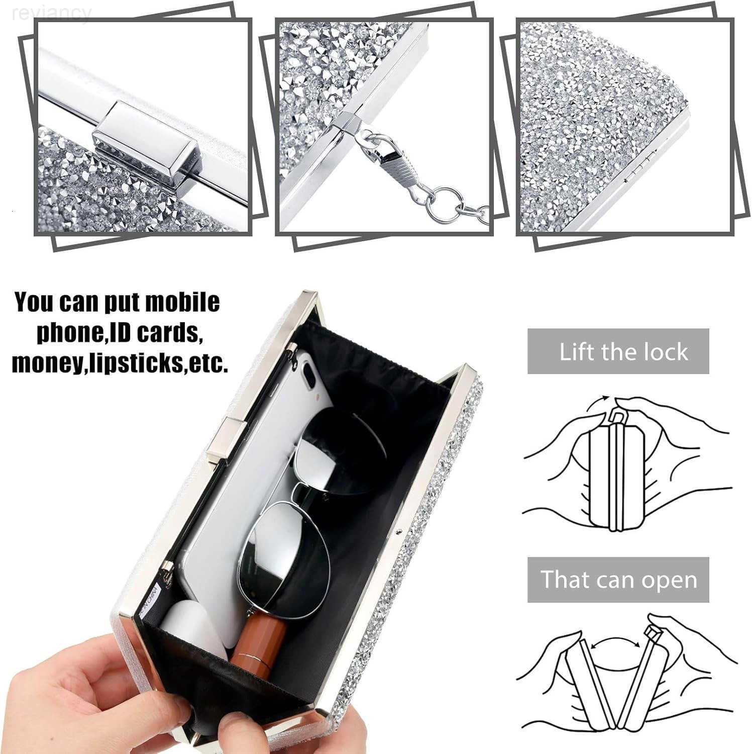 4 Pieces Women Rhinestone Evening Clutch Bag Bling Earring Necklace Bracelet for Wedding FormalW250908