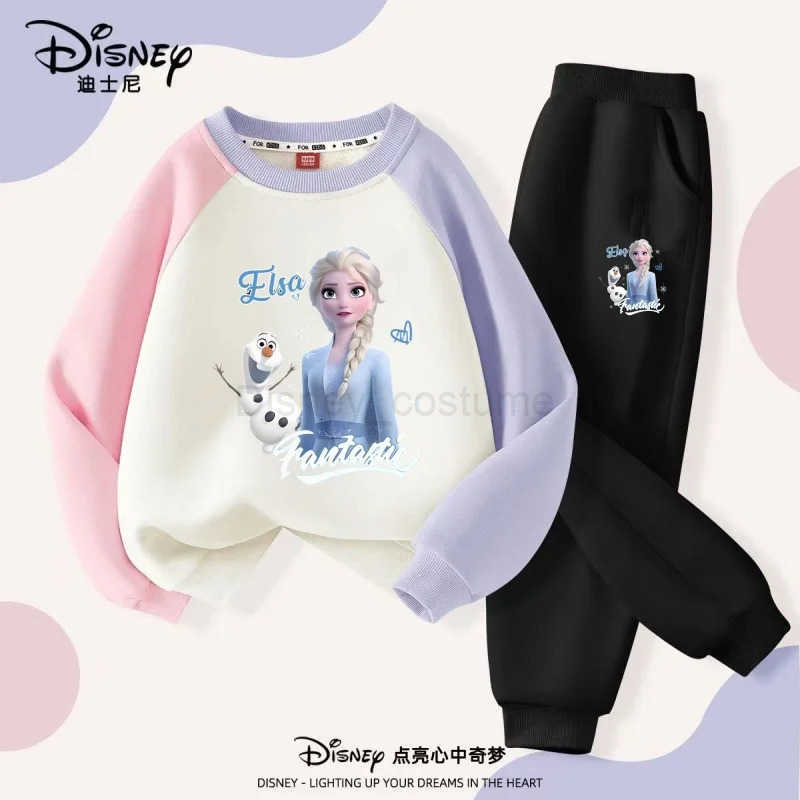 Disney Autumn Baby Girls Clothes Set Children Elsa Printing Color Block Top and Pants Bottom Two Pieces Long Sleeved Cotton Suit H250908