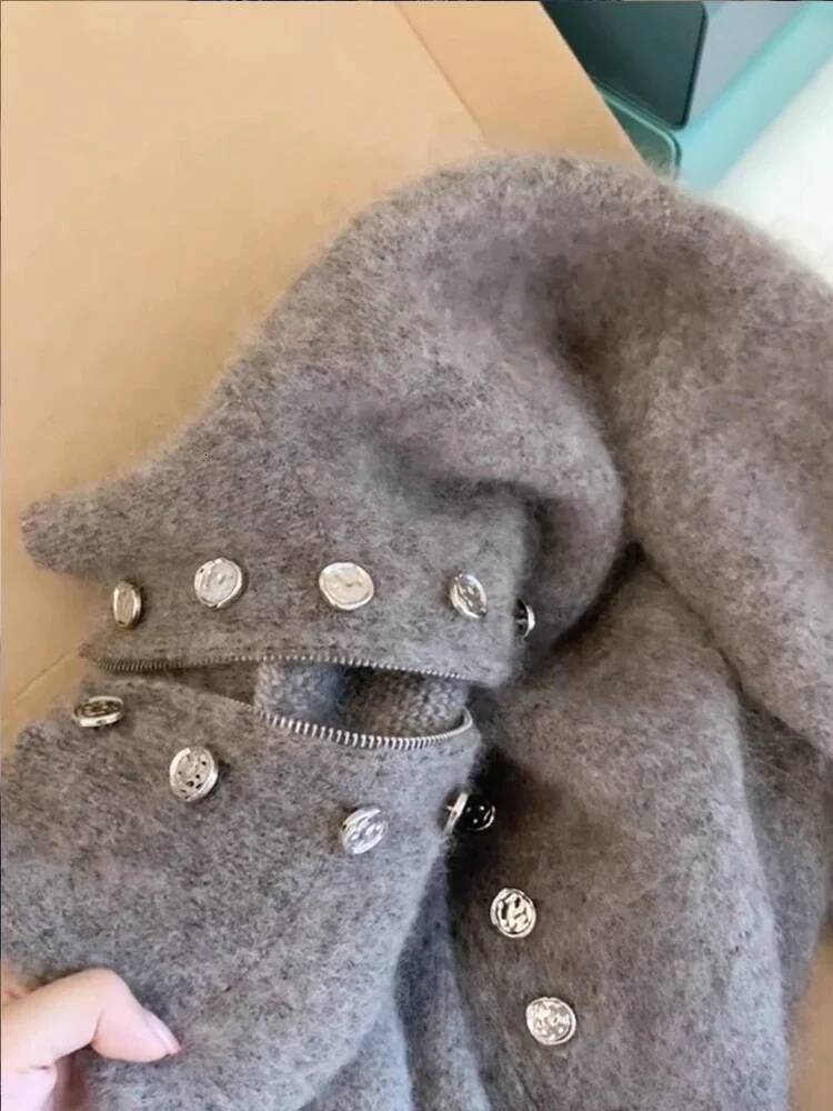 2025 new gray double breasted stand up collar sweater women's coat autumn and winter thick lazy style autumn and winter new designer clothing