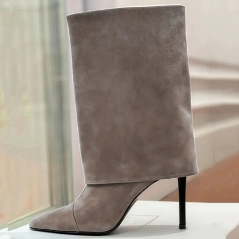 European and American Retro Highheeled Brown Frosted Flanged Sleeve Middle Boots for Women Pointed and Simple Versatile Style 250908