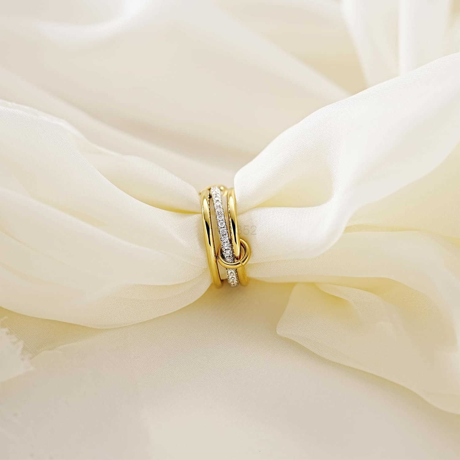 14K Gold Plated Stackable Rings 3 Ring Set with CZ Cubic Zirconia Gold Silver Stacked MultiLink Connected Interlocking Band for Women Statement Hypoal