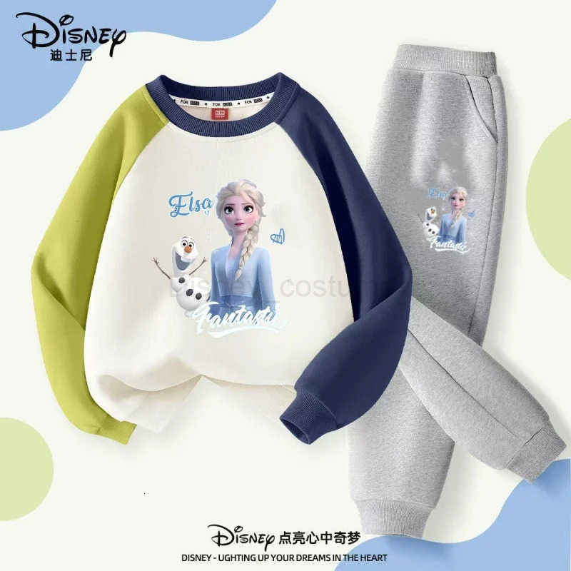 Disney Autumn Baby Girls Clothes Set Children Elsa Printing Color Block Top and Pants Bottom Two Pieces Long Sleeved Cotton Suit H250908