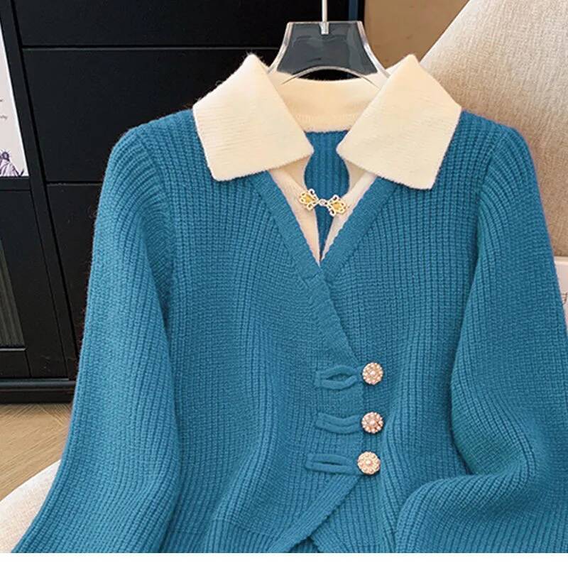 2025 autumn and winter new splicing fake two-piece set trendy knitted cardigan sweater loose women's design top B autumn and winter new designer 