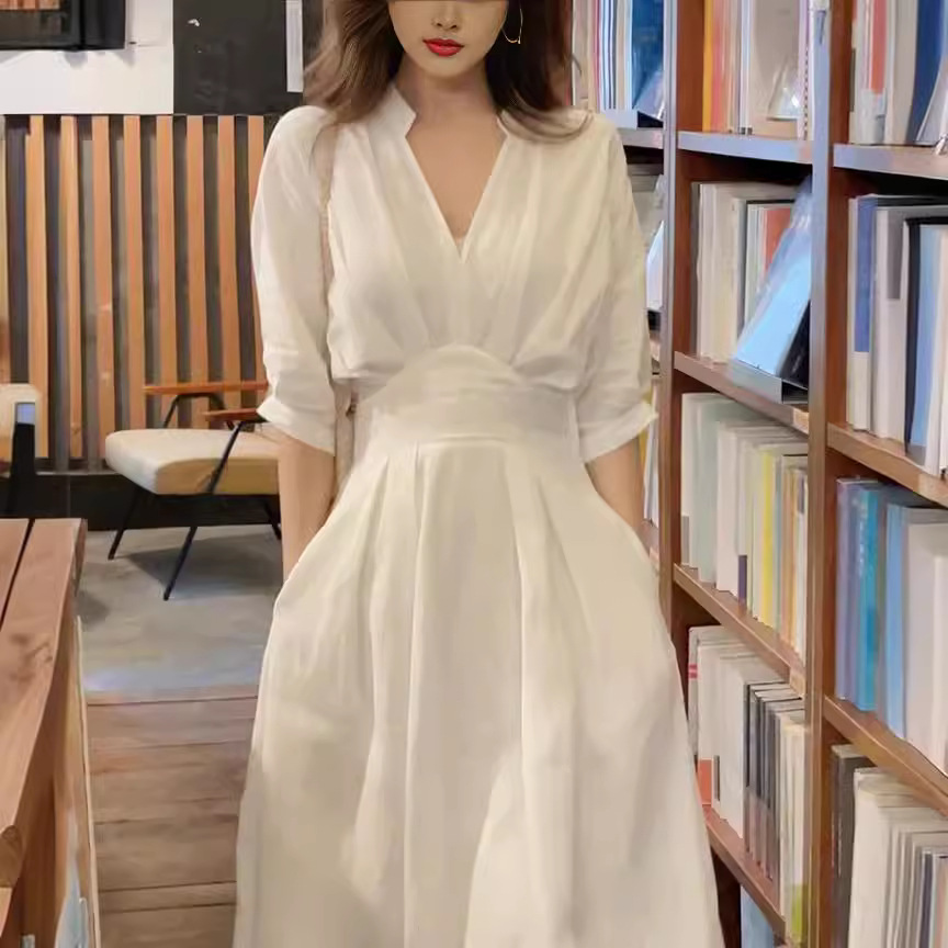 GC290 French gentle style temperament white shirt dress women's summer