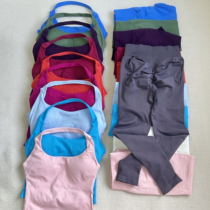 2pcs Gym Set Women Padded Halter Tank Tops High Waist Scrunch Seamless Yoga Leggings Fitness Clothes Workout Sets Gym Suit Activewear Tracksuit Pants